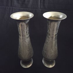 Gorgeous! Pair Of White Brass Vase Etched 15"x4.5" Each Vintage Large