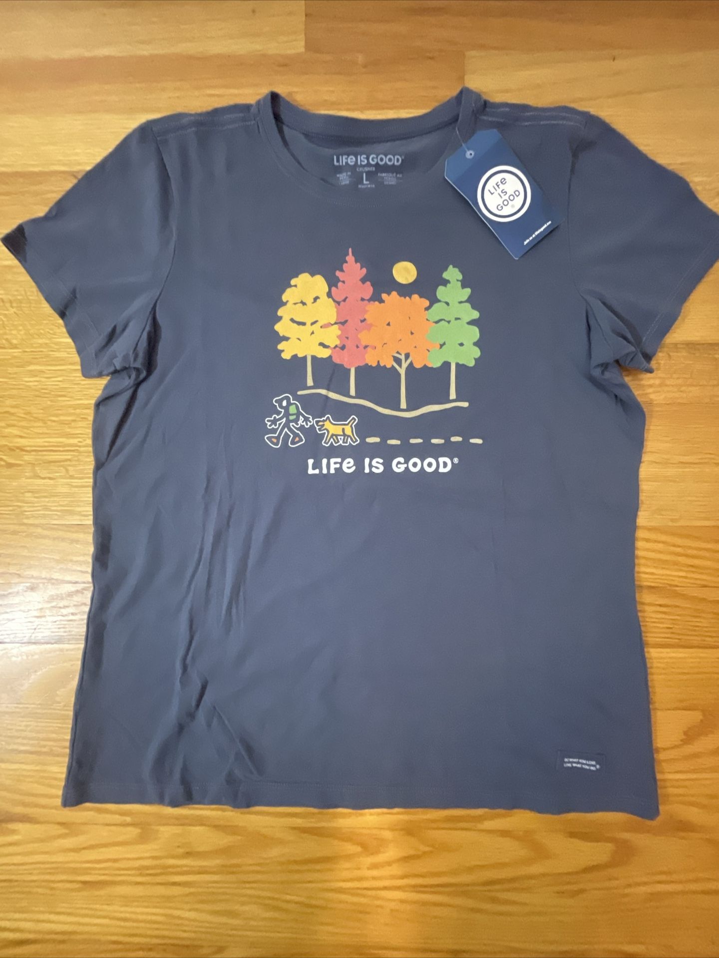 Life Is Good Fall Foliage Leaf Peeping Autumn Tree T-Shirt Dog Hiking Large New
