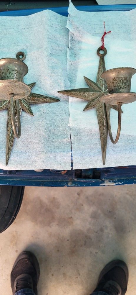 Pair Of Star Brass Candle  Holders