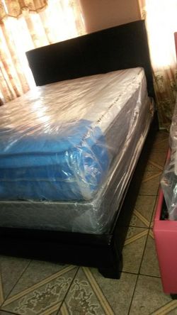 NEW FULL SIZE LEATHER BED FRAME WITH NEW PILLOW TOP MATTRESS WITH DELIVERY