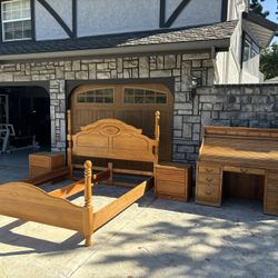 Oak King Bed Frame + 2 Night Stands + 1 Oak Desk