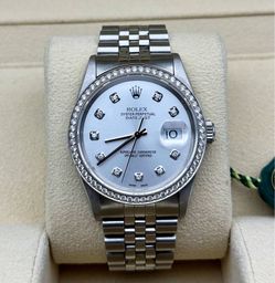 1996 Rolex Datejust 36 36mm stainless jubilee bracelet 18k white gold natural diamond VS 2CTW bezel factory silver diamond dial quick-set 16234 box ta