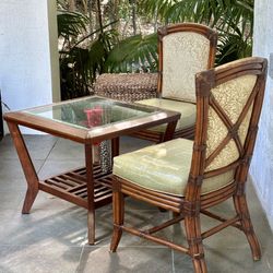 Vintage Pair of Palecek Rattan and Cane Coral Tropical Backing Dining Chairs and side table FOR SALE