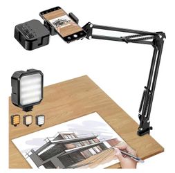 Overhead Phone Mount, Articulating Arm Cell Phone Holder with LED Light, Flexible Phone Stand for Live Streaming, Video Recording, Painting Lighting, 
