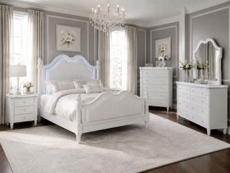 Pearl White Glam Queen 4PC Bedroom Set Cama Recamara Comoda Espejo Venta Furniture Sale Muebles