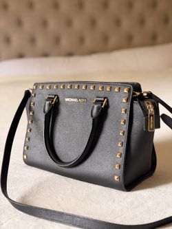Michael Kors Selma Medium studded satchel in black Saffiano leather with gold-tone
