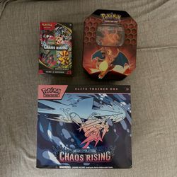 Pokemon Cards TCG Hidden Fates Charizard Tin and Chaos Rising Elite Trainer Box ETB and Booster Bundle New Sealed