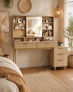 Vanity Desk with Sliding Mirror and Lights, Fluted  with n, Jewelry Storage, Oak L-22