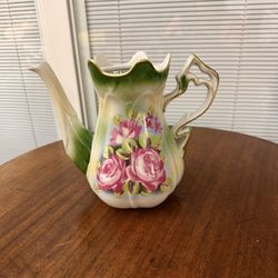Vtg Lefton China "Heritage Rose" hand-painted porcelain pot with a light green base, pink roses, and