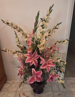 Huge 4-Foot Silk Floral Arrangement in Dark Urn Vase - Stargazer Lilies & Gladiolus