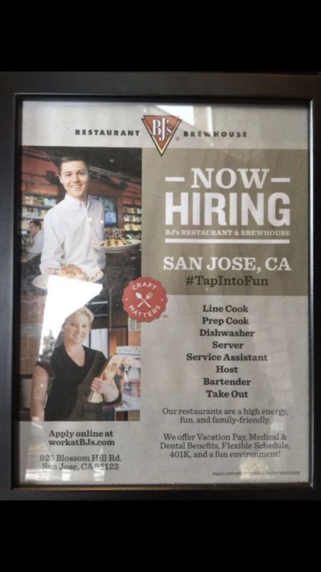 Hi we are hiring dishwasher at blossom hill Bjs