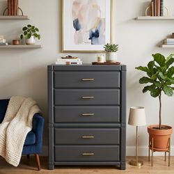 Modern Charcoal Dresser • Solid Wood • Gold Hardware • 5 Drawer