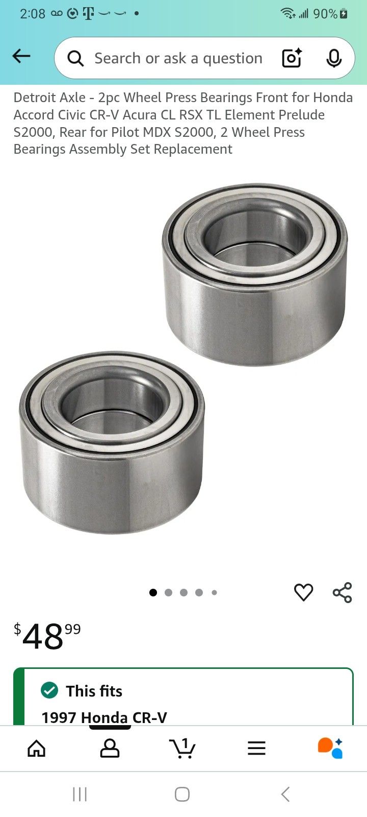 1997 To 2001 Honda Crv front Wheel bearings