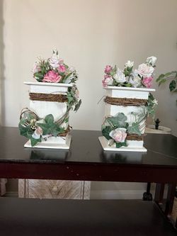 Two wooden planters w/ Ivy & white & pink roses