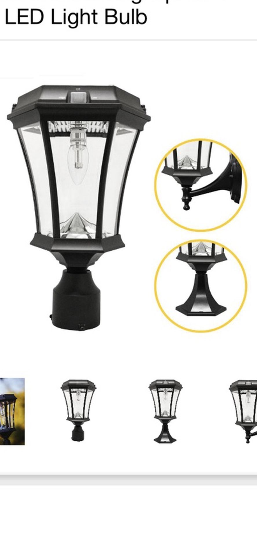 GAMA SONIC Victorian Bulb Series Single Black Integrated LED Outdoor Solar Lamp with 3-Mounting Options and GS Solar LED Light Bulb