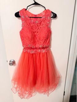 Dancing Queen Coral Pink Lace Tulle Homecoming Prom Dress Rhinestones  Sz -Small