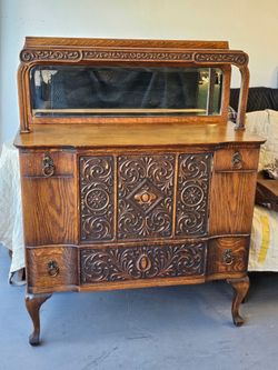 Antique Carved Oak Sideboard Buffet / Server / Beveled Mirror / Queen Anne-Style Cabriole Legs
