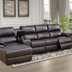 Dark Brown Leather Fully Reclining Sectional Couch 
