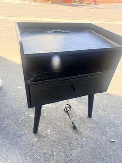 Black Nightstand with Drawer and Built-In Charging