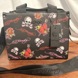 New Ed Hardy Black Square Tote Crossbody Handbag Tattoo Red Pink Roses Skull