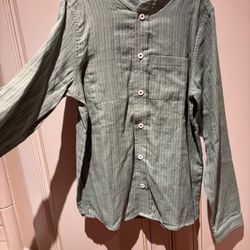 New Oso & Me Striped Green Snap-Up Shirt Mandarin Collar Size 8