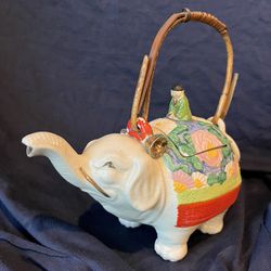Antique Banko Japanese Teapot Buddha Riding Happy Elephant ~ Rattan Handle