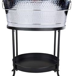 BREKX Aspen Hammered Stainless-Steel Beverage Tub, Ice and Drink Bucket with Metal Stand, 25-Quart for Parties