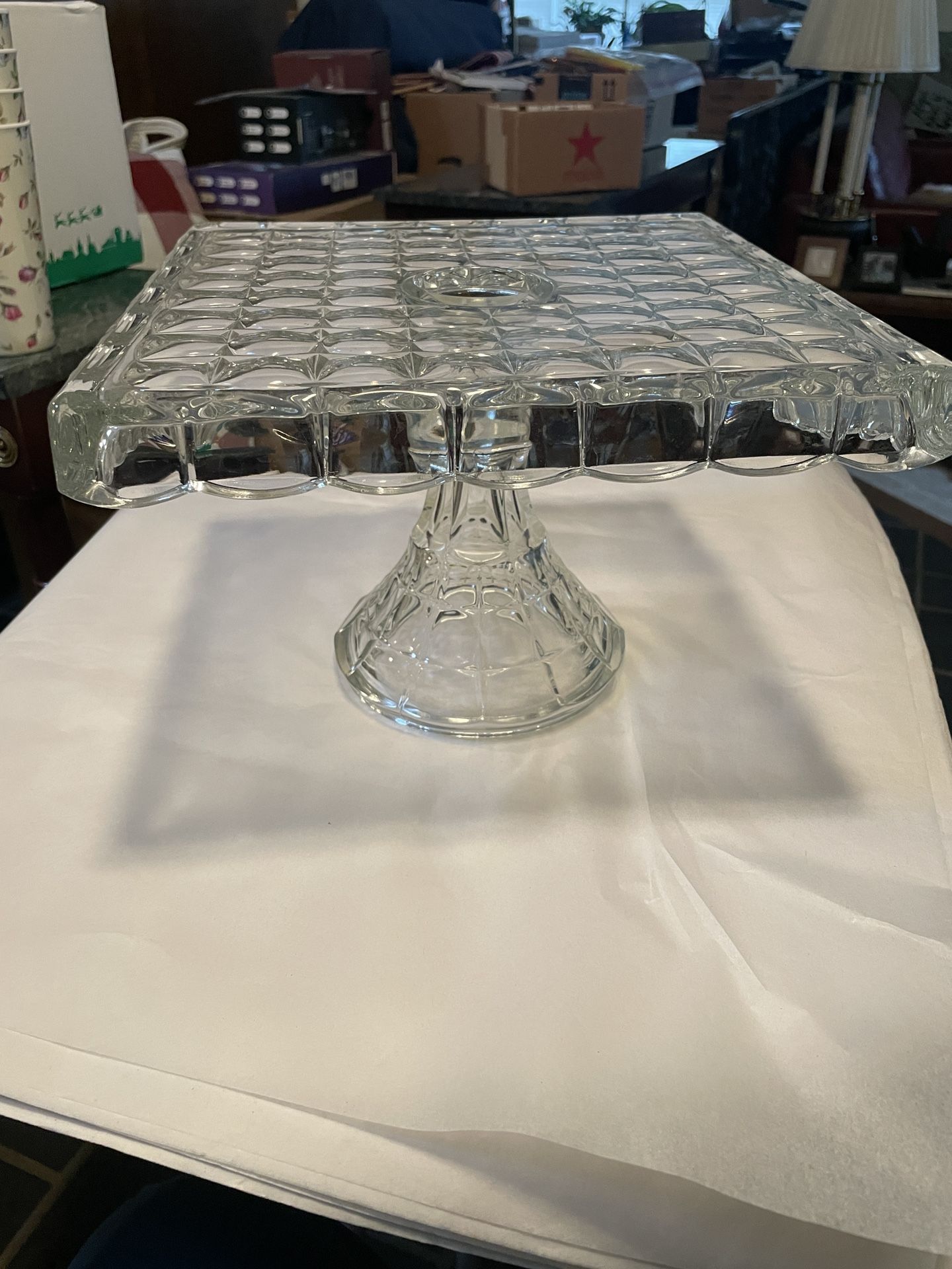 Square Antique Pressed Glass Cake Stand