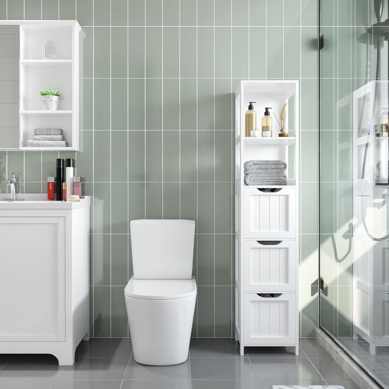 Bathroom Tall Cabinet, Slim Storage Cabinet, Narrow Freestanding Floor Cabinet with 3 Drawers & 2 Shelves, Linen Tower for Small Space, 12" D x 12" W 