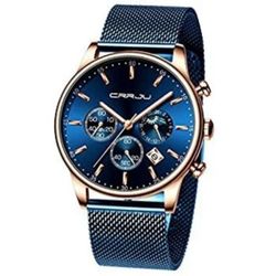 New! CRRJU Men's Blue Watch Auto Date Chronograph Waterproof Watch w Mesh Strap