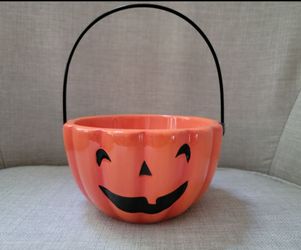 Halloween Ceramic Pumpkin Bowl w/ Handle Midnight Market