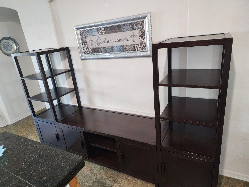ALL Wood TV Console w 2 Matching, 4 Tier Shelf Units & 4 Storage Cabinets