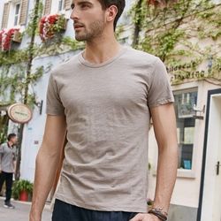 Summer short-sleeved cotton T-shirt with bamboo stripes for men. Trendy men's fitted base layer shirt with round neck made of pure cotton. Half-sleeve