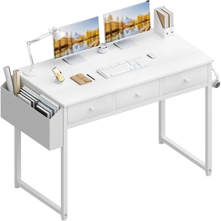 Small White Computer Desk with Fabric Drawers for Home Office Bedroom, 40 Inch Vanity Desk with Drawer Storage and Side Pouch, Study Writing Table, Wh