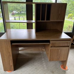 Oak Veneer Computer Desk with Hutch & Storage
