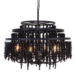 Large Black Beaded Chandelier 26.4", Farmhouse Wood Bead Chandeliers Boho Coastal Bohemia Pendant Light Fixture for Dining Living Room, Bedroom, Kitch
