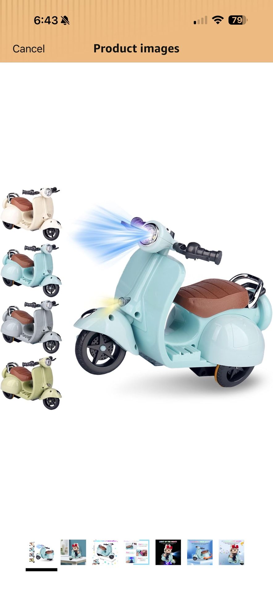 Light blue electric scooter for Labubu with LED lights.