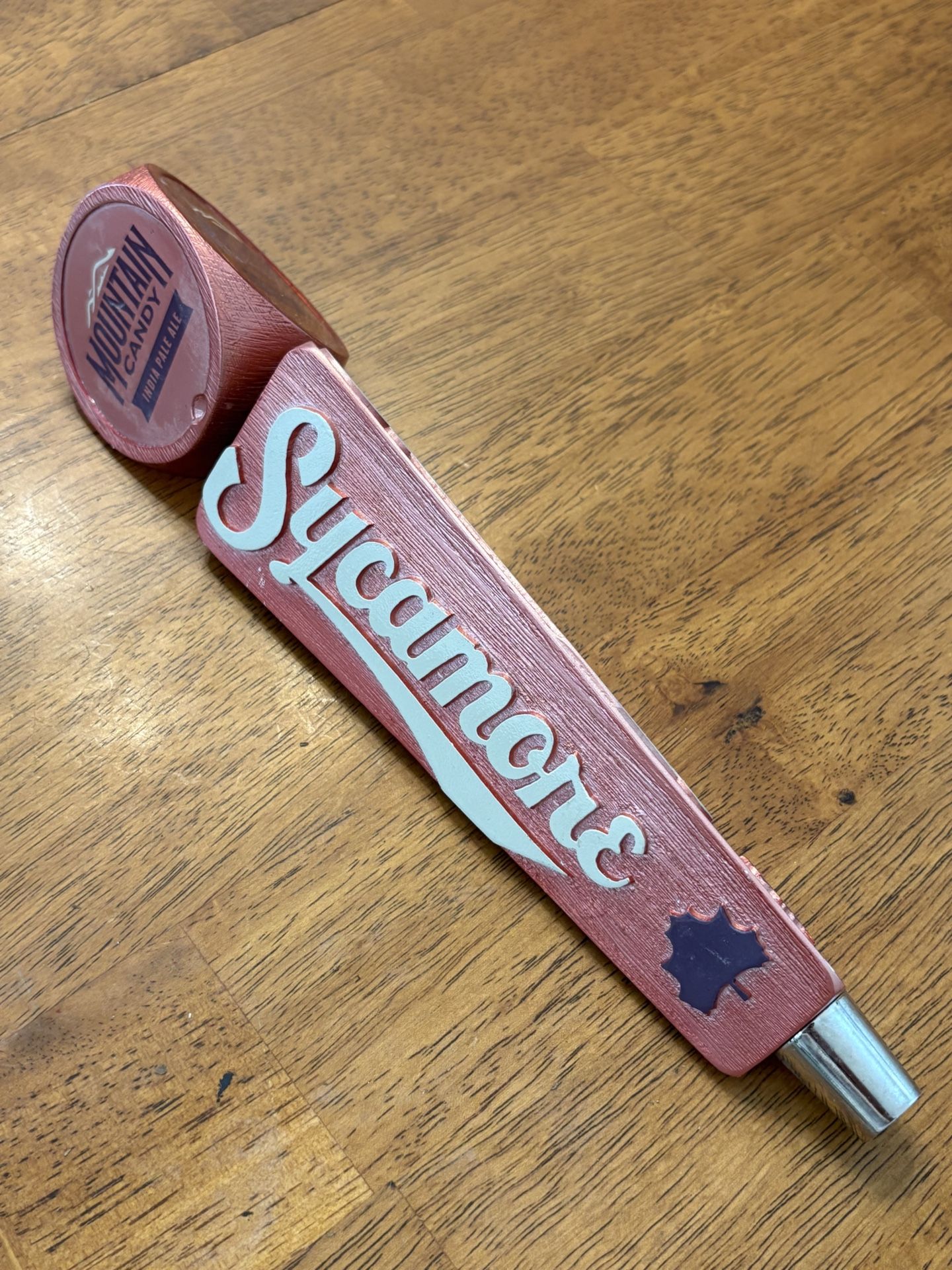 🍺 Sycamore Mountain Candy IPA Tap Handle – Rustic Red Wood – Brewery Bar Decor 🍁