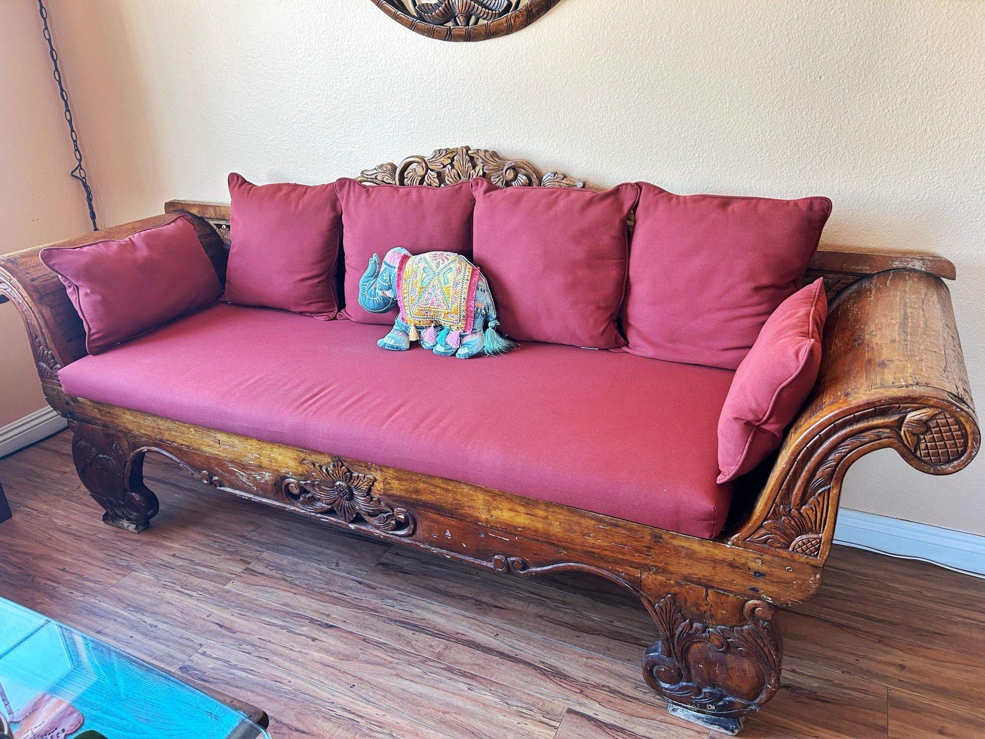 Authentic Balinese Carved Wood Sofa / Couch / Daybed Solid Wood Sunbrella Cushions – $895