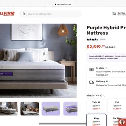King Size Eastern Euro Purple Premier 3 Memory Foam Hybrid Adjustable Serta Sealy Stearns & Foster Aireloom Beautyrest Black Saatva Avocado Nectar 