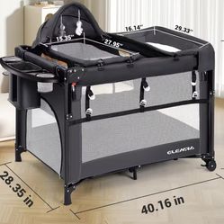 🥨Baby Bedside Bassinet Sleeper,1-Step Opening Foldable Nursery-Center Baby Playpen,Changing Table,Ziper Door/Baby Crib,Travel Carry Bag, Gray