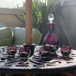 Vintage Farber Brothers Krome Kraft Amethyst Cambridge Glass Decanter & Cordial Glasses Set 