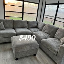 Beautiful Gray 4-Pc Corduroy Sectional Sofa Couch With Ottoman 