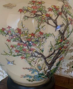 2 classic oriental lamp, Porcelain And Black Painted Wood base, antique floral design, pleated fabric shade