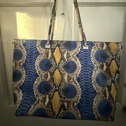 Christian Siriano Large Blue and Yellow Snake Print Tote Like New