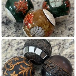 Total Of 6 Decorative Orbs   Both sets for $15  Total of 6 orbs   Set Of 3 decorative 4”  Brown Sphere  orb set  (New)     Set of 3  Decorative 4”  Sp