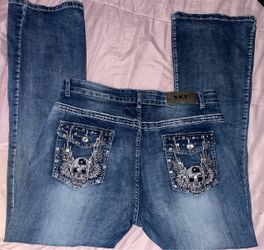 Womens Denim Jean Skull and Wing embellished