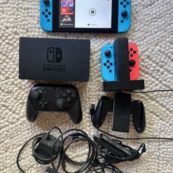 Nintendo Switch with accessories and 9 games / case / charger / pro controller