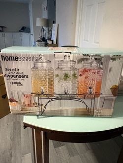 Home Essentials Set of 3 Glass Drink Dispensers with Metal Stand