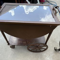 Vintage Wooden Tea Cart / Serving Trolley – Drop Leaf with Glass Top & Drawer